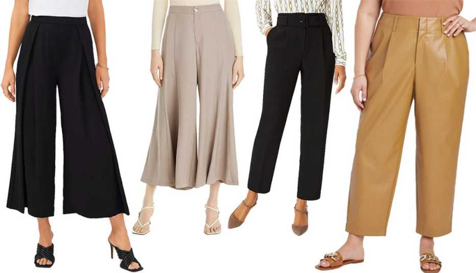 Vince Camuto Washer Twill Wide Leg Pants in Rich Black; T Tahari Cropped Wide Leg Pants in Bali Taupe; Ann Taylor The Belted High Waist Taper Pant in Black; A New Day Women’s High Rise Faux Leather Tapered Ankle Pants in Brown