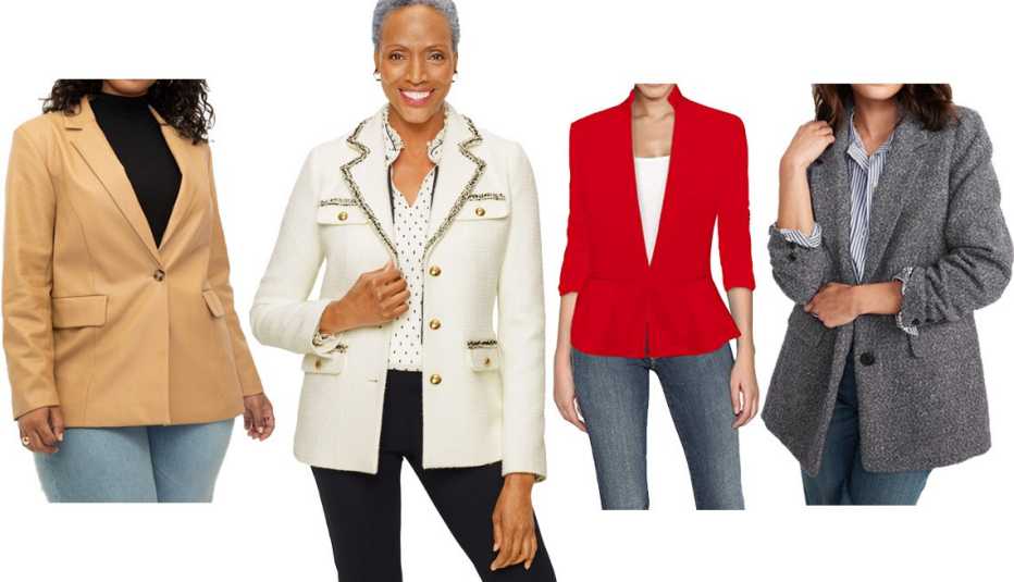Eloquii Elements Women’s Plus Size Faux Leather Blazer in Sand; Talbots Tweed Jacket in Ivory; Hybrid and Co Women’s Elegant Ponte Blazer Jacket in Jk1135-red; Old Navy Soft-Brushed Oversized Blazer for Women in Blk Donegal