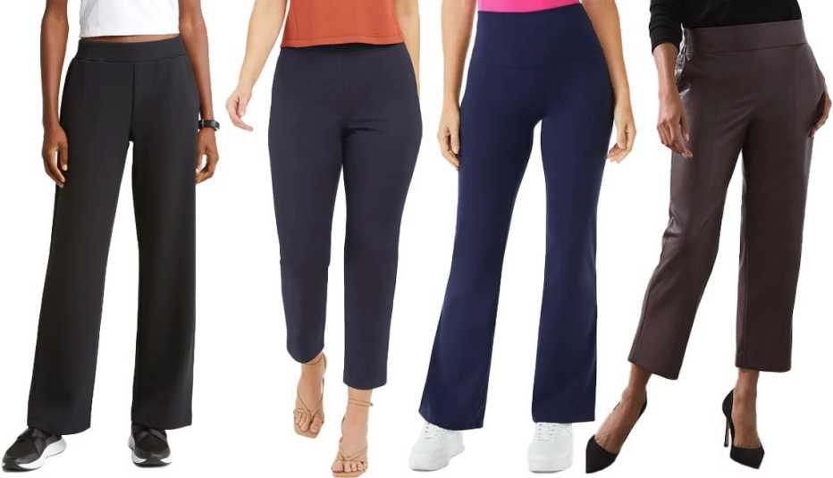 Zella Luxe Wide Leg Pocket Pants in Black; Spanx On The Go Ankle Slim Straight Pant in Classic Navy; Sofia Vergara Women’s High Waist Studio Fit and Flare Pant in Navy; Chico’s Faux Leather Crops in Cherry Brunette
