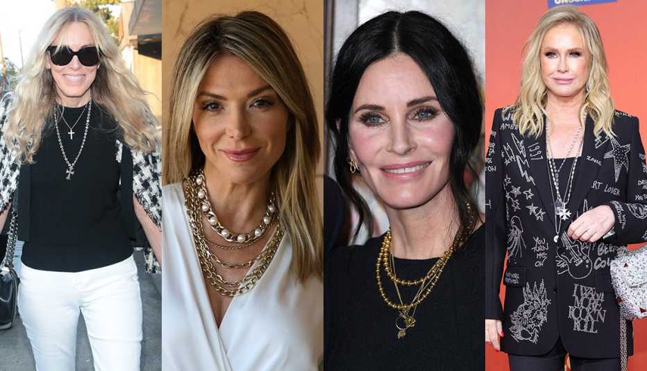 Side by side images of Alana Stewart, Debbie Matenopoulos, Courteney Cox and Kathy Hilton wearing necklaces