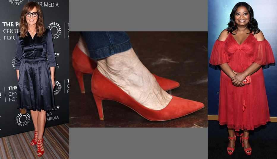 Side by side images of Allison Janney; a closeup of red shoes being worn by Anjelica Huston and Octavia Spencer