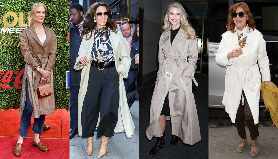 Side by side images of Nicole Kidman, Jennifer Beals, Christie Brinkley and Susan Sarandon wearing trench coats