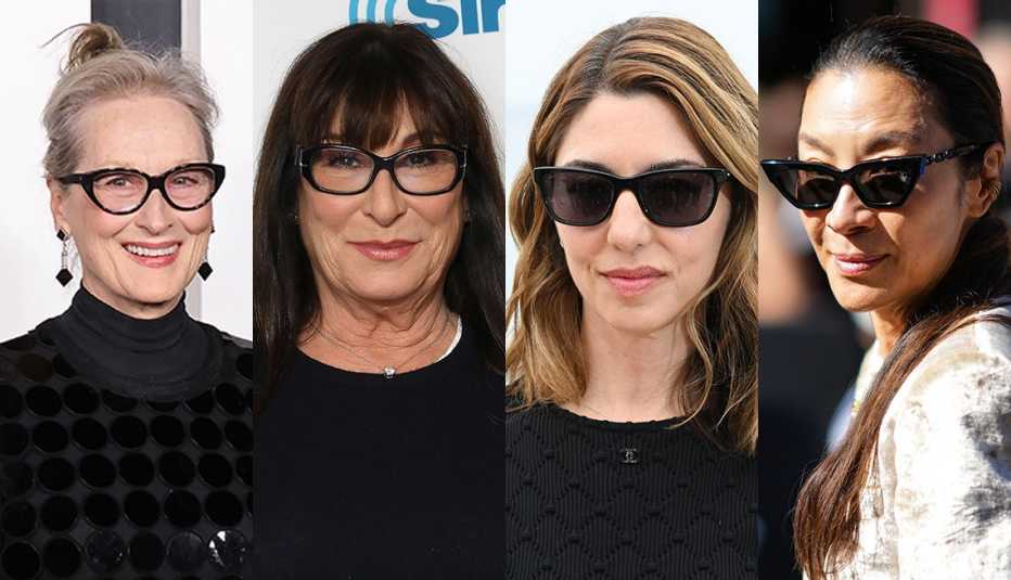 Side by side images of Meryl Streep, Anjelica Huston, Sofia Coppola and Michelle Yeoh wearing black glasses or sunglasses