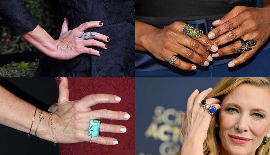 Toni Collette wearing a chunky turquoise ring and a delicate pinkie ring; Laurie Metcalf wearing a statement blue stone ring with red polished nails; Angela Bassett with various rings on her fingers on both hands; Cate Blanchett wearing chunky rings on her right hand