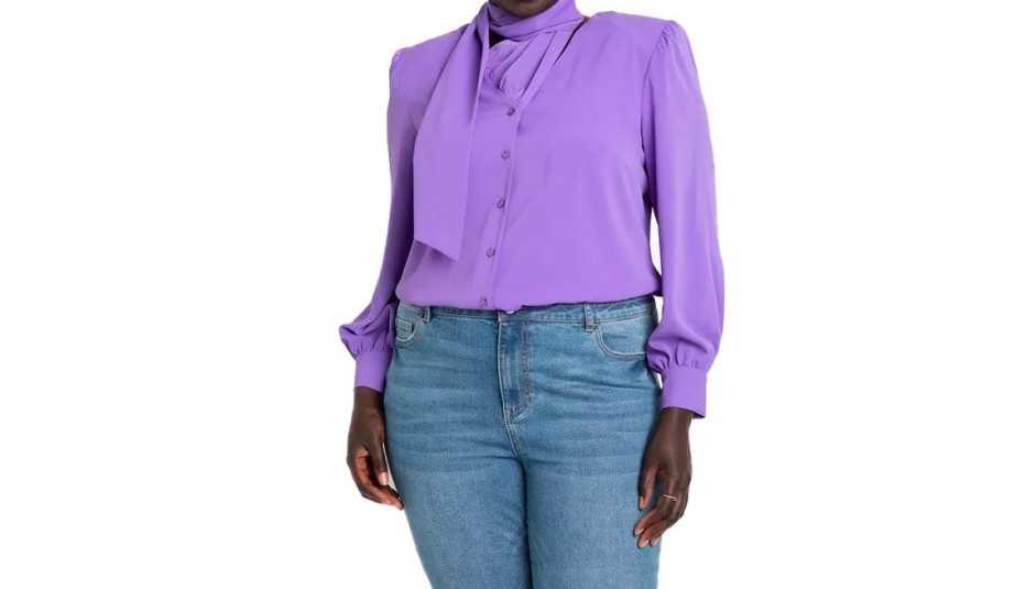 Eloquii Button Front Scarf Blouse in Dahlia Purple