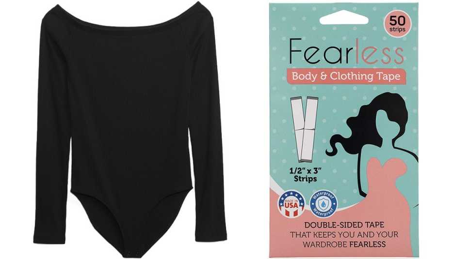 Gap Off-Shoulder Rib Bodysuit in Black; Fearless Tape Women’s Double-Sided Tape for Clothing and Body