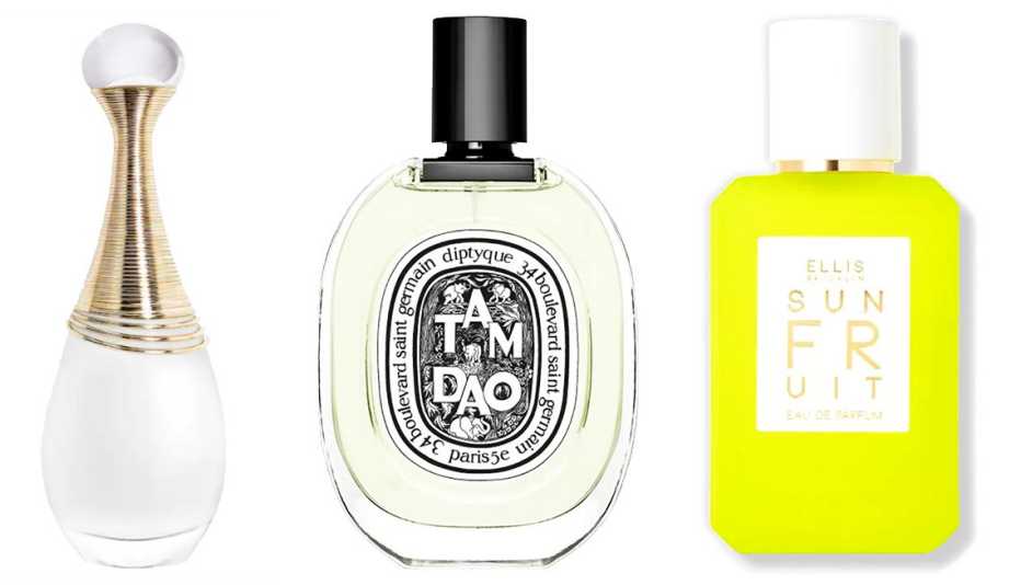 Dior J’Adore Parfum D’eau; Diptyque Tam Dao Eau de Toilette; Ellis Brooklyn Sun Fruit Eau de Parfum