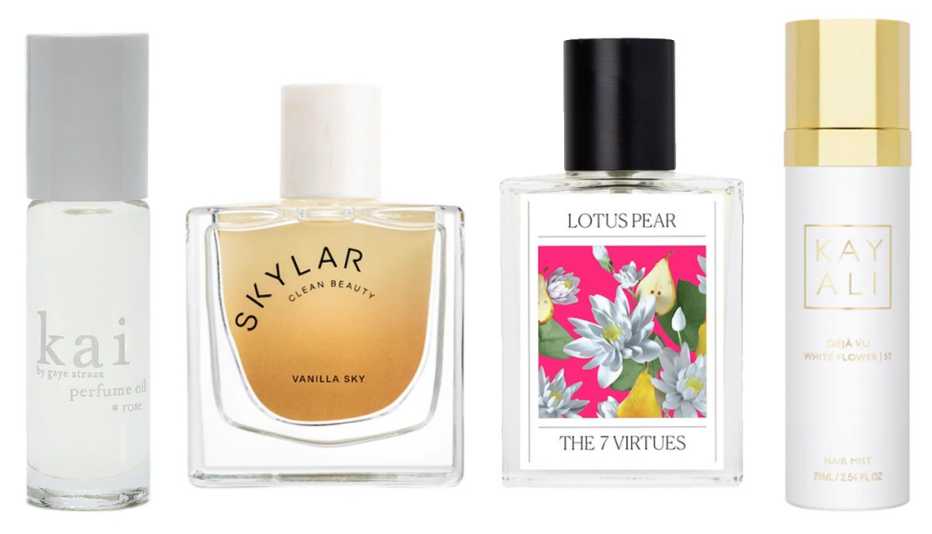 Kai Perfume Oil; Skylar Vanilla Sky Eau de Parfum; The 7 Virtues Lotus Pear Eau de Parfum; Kayali  Deja Vu White Flower Hair Mist