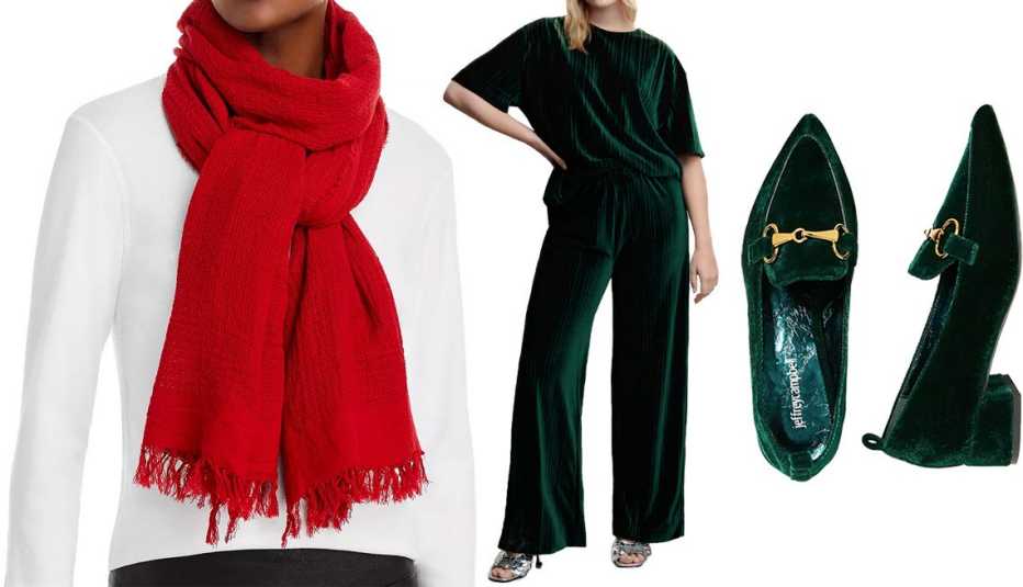Eileen Fisher Organic Cotton Scarf in Red; Mango Plus Straight Velvet Pants in Green; Jeffrey Campbell Velvet Heeled Loafers in Green
