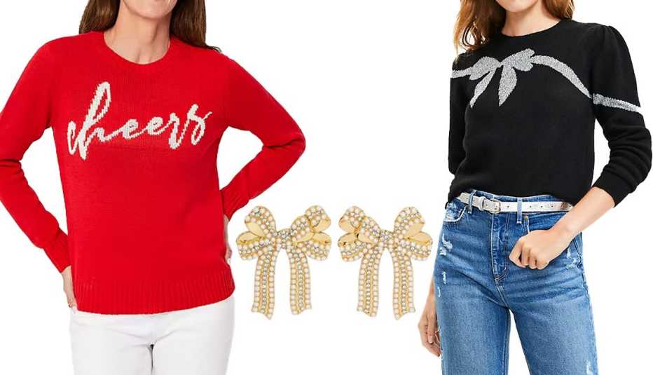 St. John’s Bay Women’s Crewneck Long Sleeve Pullover Sweater in Scarlet Cheers; Sugarfix by BaubleBar “That’s A Wrap” Statement Earrings in White; Loft Shimmer Bow Puff Sleeve Sweater in Black