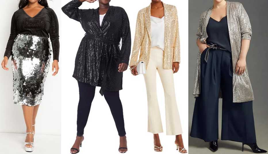 Eloquii Mixed Sequin Column Midi Skirt in Silver/Gunmetal/Black; Lane Bryant Sequin Duster with Belt in Black; Aqua Sequined Blazer in Champagne; Mare Mare Plus Sequin Duster in Taupe