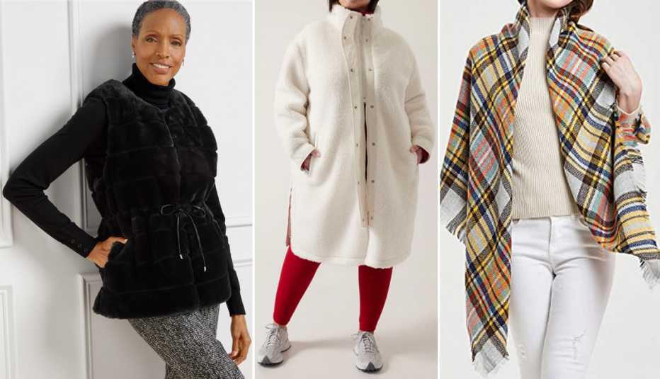 Talbot’s Tie-Waist Faux Fur Vest in Black; Athleta Cozy Sherpa Coat in Magnolia White; Wander Agio Women’s Blanket Scarf in Beige Gray 21