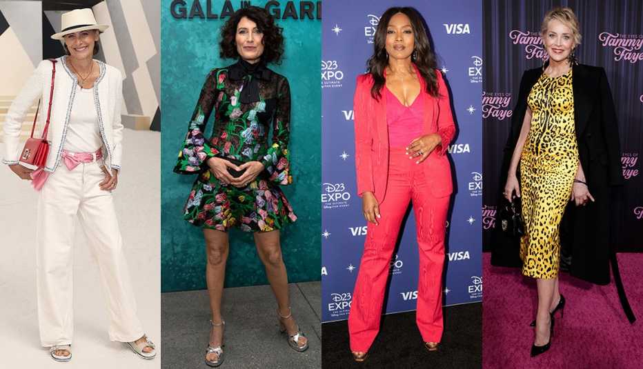Inès de La Fressange in white jeans, a fancy jacket, a fancy scarf as a belt and Birks, Lisa Edelstein in a floral mini dress showing off her bare legs with platform sandals, Angela Bassett in a hot pink blazer, pants and bodysuit and Sharon Stone in a leopard midi dress, black coat with a bag and pumps