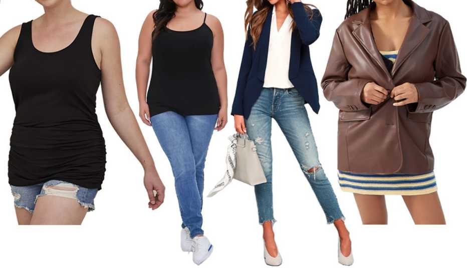 Torrid Ruched Tank Super Soft Black in Deep Black; Forever 21 Plus Size Organically Grown Cotton Basic Cami in Black; Lulus Miss Punctuality Navy Blue Lightweight Blazer; UO Jules Faux Leather Blazer in Brown
