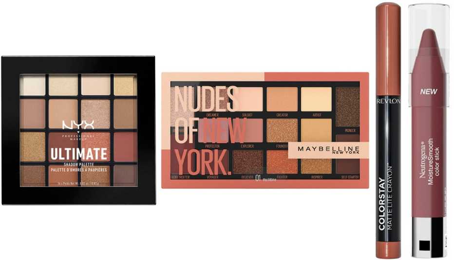 NYX Professional Makeup Ultimate Shadow Palette; Maybelline Eye Studio Nudes of New York; Revlon ColorStay Matte Lite Crayon in Clear The Air; Neutrogena Moisture Smooth Color Stick in Pink Nude