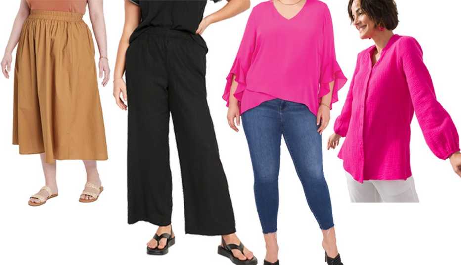 A New Day Women’s Smocked Waist Mid-Rise A-Line Skirt in Brown; Old Navy High-Waisted Linen-Blend Wide-Leg Pants for Women in Black Jack; Vince Camuto for Dia & Co Jayda Flutter Sleeve Blouse in Deep Fuchsia; Chico’s Gauze Button Down Top in Haute Pink