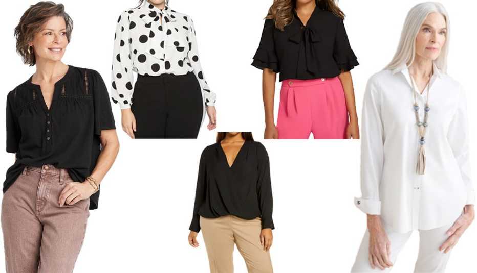 Knox Rose Women's Plus Short-Sleeve V-Neck Eyelet Henley Shirt in Black; Eloquii Tie Neck Blouse in Soft White Ground with Black Polka Dots; Halogen Plus Cross Front Blouse in Black; New York & Company Bow-Neck Ruffle-Sleeve Blouse in Black; Chico’s No Iron Stretch Shirt in Optic White