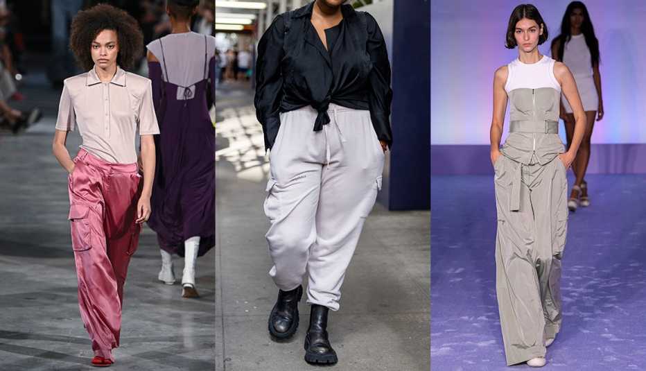 A model at the Tibi Ready to Wear Spring/Summer 2023 show; a woman wearing an outfit featuring cargo pants; a model at the Brandon Maxwell Ready to Wear Spring/Summer 2023 fashion show