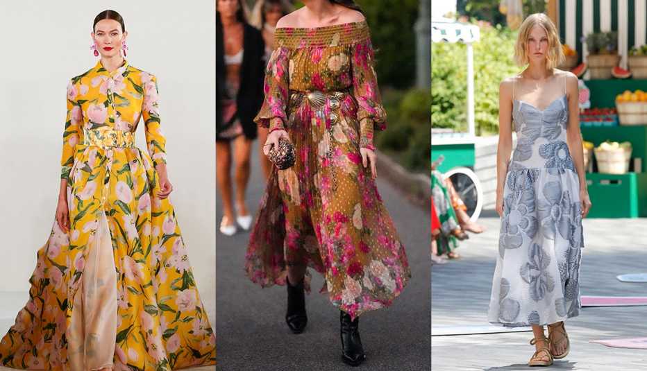 Karlie Kloss modeling a dress during the Carolina Herrera Ready to Wear Spring/Summer 2023 fashion show; a woman wearing a brown with beige/red/pink flower print pattern shoulder-off long puffy sleeve dress; a model at the Lela Rose Ready to Wear Spring/Summer 2023 fashion show