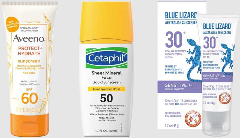 Aveeno Protect + Hydrate Lotion Sunscreen with SPF 60; Cetaphil Sheer Mineral Face Liquid Drops SPF 50; Blue Lizard Australian Sunscreen Sensitive SPF 30+