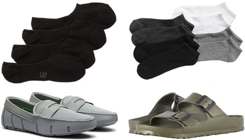Gap No-Show Socks in True Black; Old Navy Low-Cut Socks 4-Pack for Men in Basic Multi-Pack; Birkenstock Arizona Essentials for Men; Swims Men’s Slip-On Washable Penny Loafers