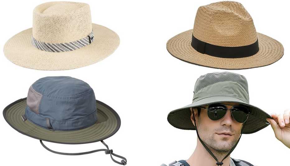 Dockers Men’s Panama Hat in Tan/Navy; Banana Republic Classic Straw Fedora in Natural; Aenmt Wide Brim Boonie Sun Hat in Army Green; L.L. Bean Men’s Sunday Afternoons Brushline Bucket Hat in Mineral/Timber