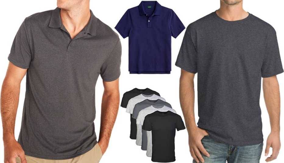 Old Navy Go-Dry Cool Odor-Control Core Polo for Men; J.Crew Classic Piqué Polo Shirt in Raw Indigo; anes Men’s Comfort Wash Short-Sleeve T-Shirt Value 4-Pack in Charcoal Heather; Gildan Men’s Crew T-Shirts Multipack in Assorted Black/Grey 4-pack