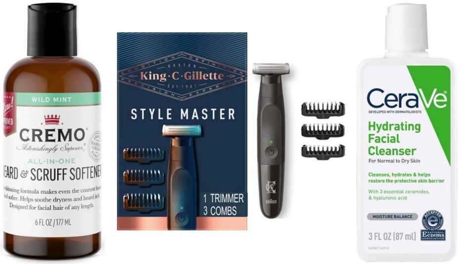 Cremo Beard & Scruff Softener in Wild Mint; King C. Gillette XT3000 Men’s Style Master Cordless Stubble Trimmer + 3 Attachment Combs; CeraVe Hydrating Facial Cleanser for Normal to Dry Skin with Hyaluronic Acid