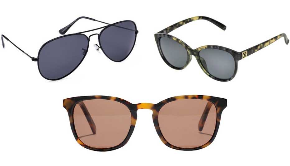 Prive Revaux “The Commando” Polarized Sunglasses in Black/Gray; Foster Grant Keryn; Madewell Ashcroft Sunglasses in Perfect Tort Multi