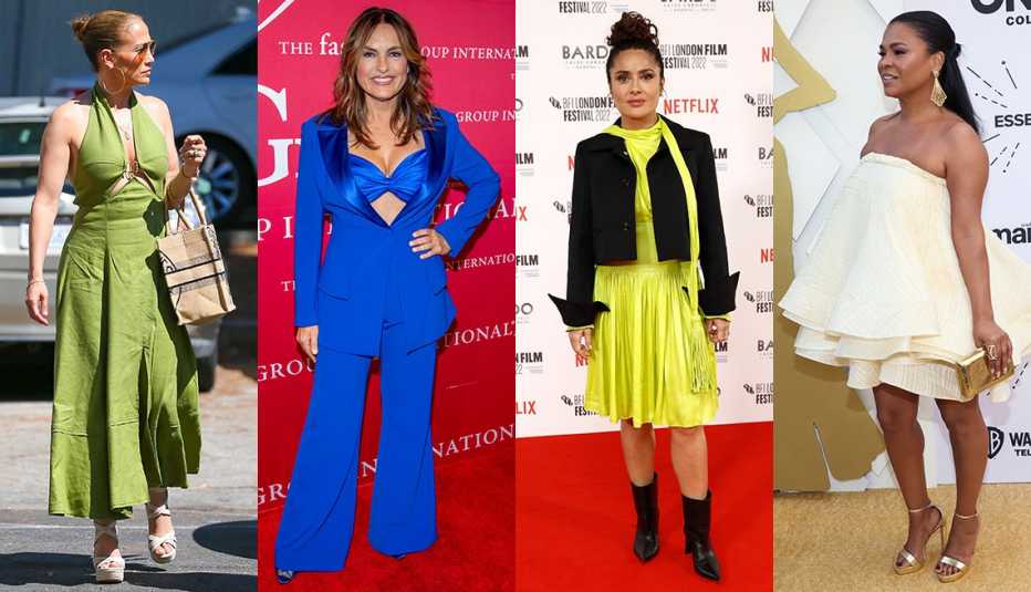Jennifer Lopez in lime green halter midi dress, Mariska Hargitay in a blue pantsuit over visible blue bra top, Salma Hayek in an above knees dress showing bare legs with mid-calf booties and Nia Long in a strapless short layered mini dress