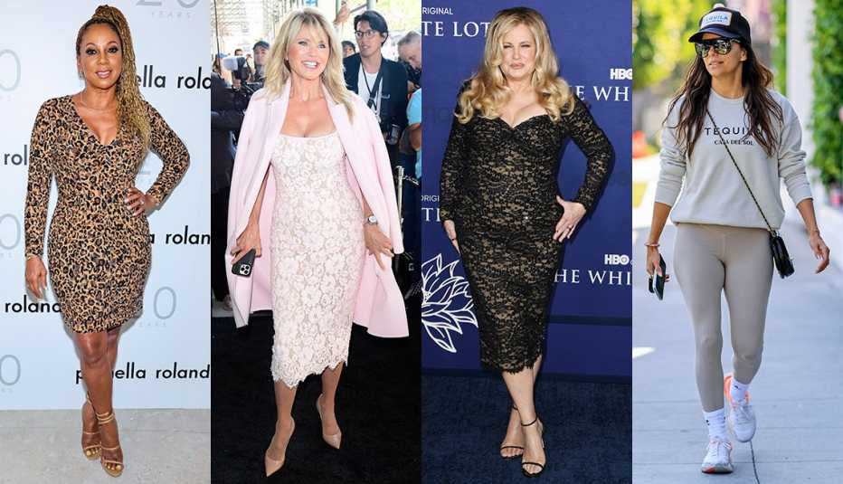 Holly Robinson Peete in a shapely leopard above the knee dress, Christie Brinkley in a pink lace midi sheath with matching coat, Jennifer Coolidge in a shapely black lace midi dress and Eva Longoria in a body-revealing beige leggings