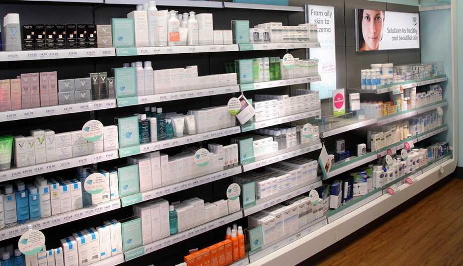 Skin care products on the shelves at a pharmacy