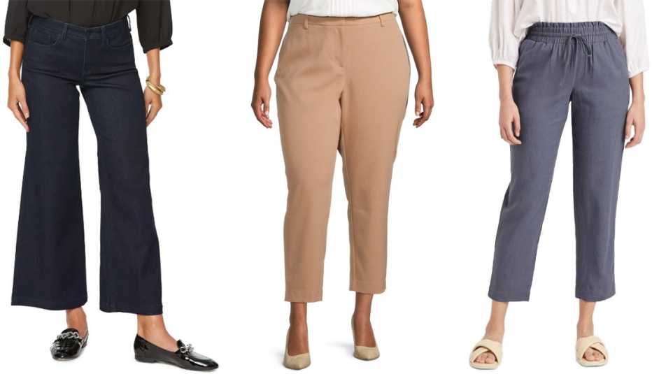 NYDJ Teresa Ankle Wide Leg Jeans in Rinse; Liz Claiborne Emma Ankle Pant-Plus in Signature Caramel; A New Day Women’s High-Rise Ruffle Waisted Pull-On Ankle Pants in Blue