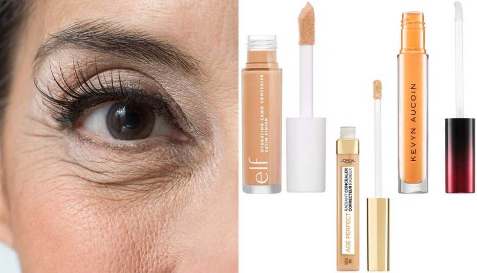 A closeup of a woman's eye and makeup products e.l.f. Hydrating Camo Concealer, L’Oreal Paris Age Perfect Radiant Concealer with Hydrating Serum and Kevyn Auction The Etherealist Super Natural Concealer