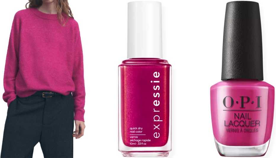 Zara Women’s Alpaca and Wool Blend Sweater in Magenta; Essie Expressie Quick-Dry Nail Polish in Mic Drop-It-Low; OPI Nail Lacquer Nail Polish, Pinks in 7th & Flower