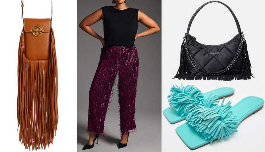 Tory Burch Miller Fringe Leather Phone Crossbody Bag; Maeve Plus Fringed Sequined Wide-Leg Pants in Plum; MZ Wallace Small Bowery Quilted Shoulder Bag; Zara Fringed Flat Leather Sandals in Blue