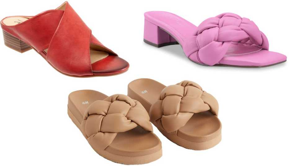 Trotters Nora Slide Sandal in Red; Marc Fisher Calvie Slide Sandal in Dark Pink; H&M Braided Slides in Dark Beige