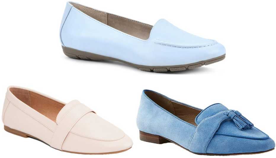 Old Navy Faux-Leather Pointed-Toe Loafer Shoes for Women in Bare Necessity; Cliffs by White Mountain Women’s Gracefully Wide Loafer in Light Blue; Ann Taylor Suede Tassel Loafer in Countryside Blue