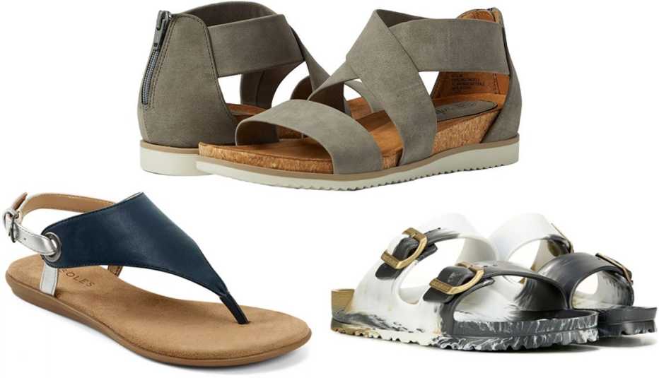 Aerosoles in Conclusion Women’s Sandals in Navy; EuroSoft Landry II in Grey 1; Birkenstock Women’s Essentials Arizona Footbed Sandal in Multi Metallic Gold