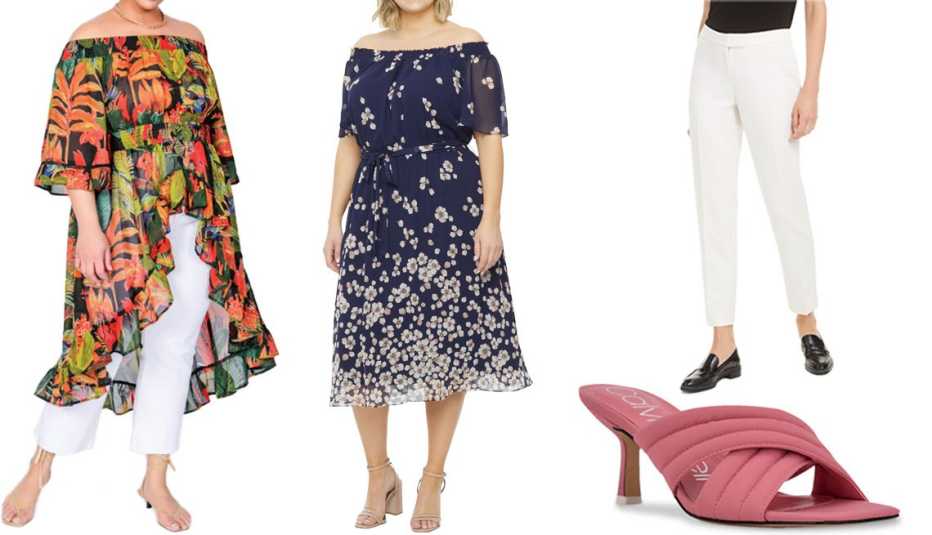 LuvMeMore Heatwave Off the Shoulder Duster in Black/Forest Green; Studio 1 Plus Short-Sleeve Off-the-Shoulder Floral Midi Fit & Flare Dress in Navy Ivory; Anne Klein Straight Cropped-Leg Ankle Pants; Calvin Klein Fire 2 Slide Sandal in Pink