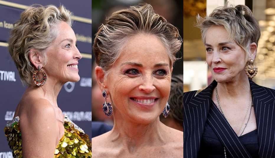 Three images of actress Sharon Stone wearing a long pixie haircut