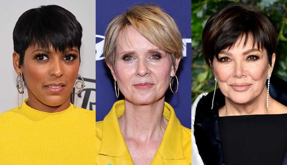 Tamron Hall, Cynthia Nixon and Kris Jenner each wearing a cropped hairstyle with bangs