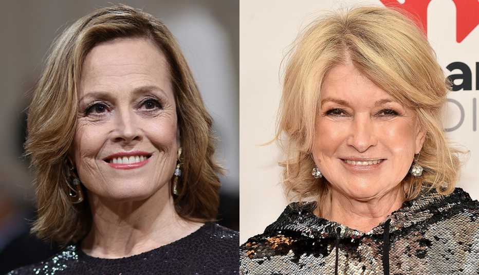 Sigourney Weaver and Martha Stewart each with a split level lob haircut style