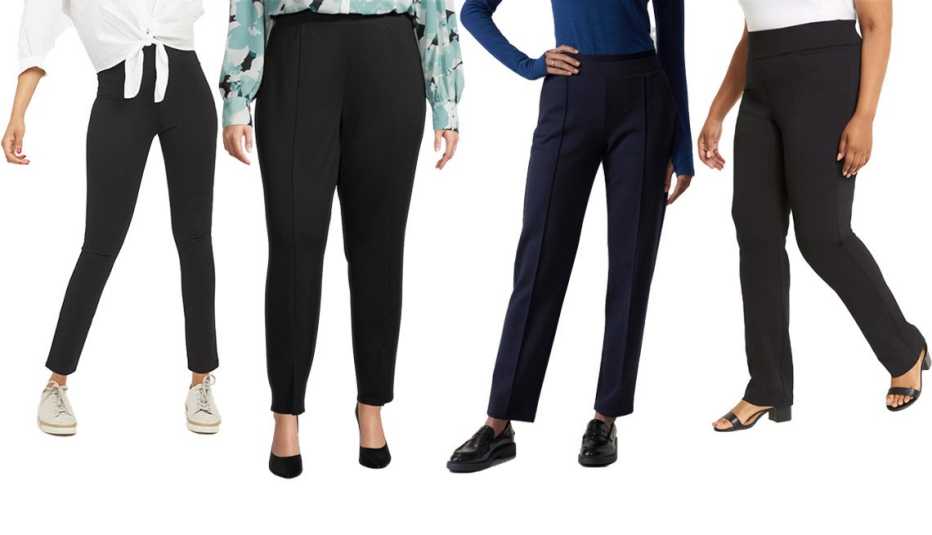 Spanx The Perfect Pant, Ankle 4-Pocket in Classic Black; Worthington-Plus Women﻿s High Rise Slim Pull﻿-On Pants in Black; Athleta Venice Heathered Pintuck Pant in Navy Heather; Lane Bryant Pull-On Textured Ponte Twill Straight Pant in Black