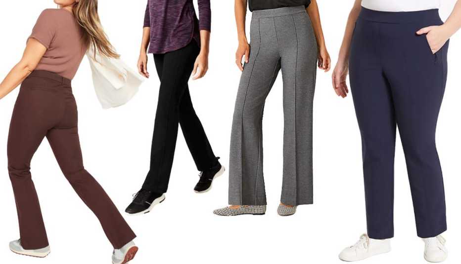 Old Navy High-Waisted Pixie Full-Length Flare Pants for Women in Raisin Arizona; J.Jill Fit Performance Boot-Cut Pants in Black; Ann Taylor The Side Zip Straight Pant in Silver Lake Grey; Lane Bryant On-The-Go Straight Pant in Dark Water