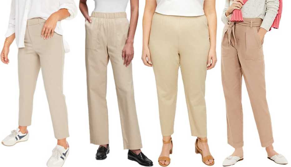 Old Navy﻿ High-Waisted Pixie Straight﻿-Leg Ankle﻿ Pants for Women in Mocha Taffy; Gap Off Duty Khakis with Washwell in Beige Wicker; Catherines Everyday Pant in Sycamore Tan; Loft Tie﻿ Waist Straight Pants in Natural Teak