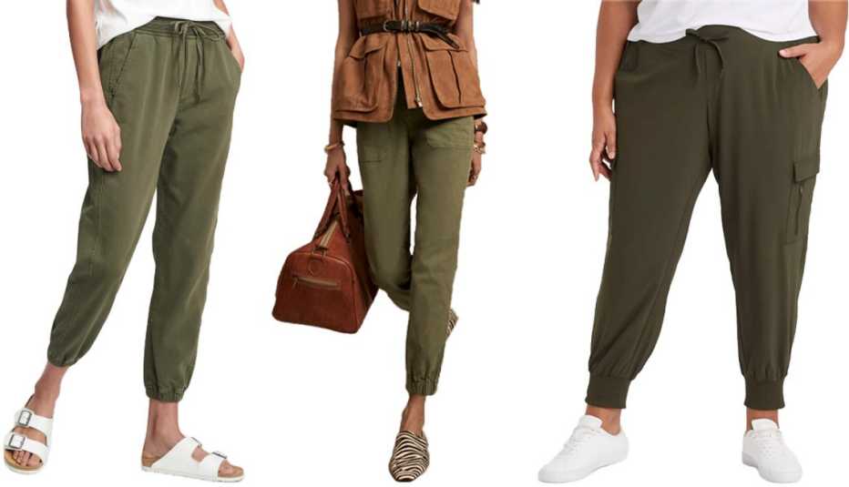 Gap Ribbed Pull-On Joggers with Washwell in Desert Cactus Green; Banana Republic Slim Utility Pant in Green Olive; All In Motion Women’s Stretch Woven Cargo Pants in Olive