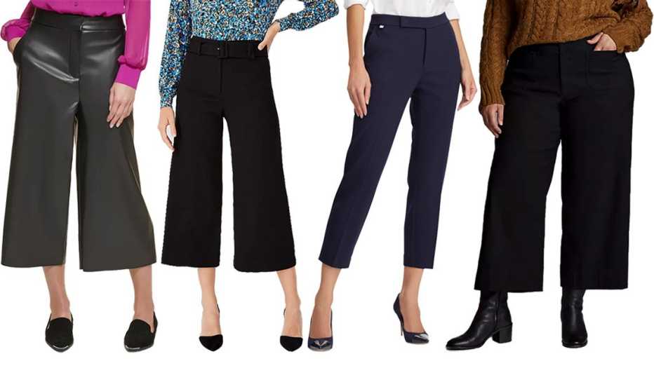DKNY Cropped Wide﻿-Leg Pants in Black; Ann Taylor The Belted Culotte Pant in Black; Lauren Ralph Lauren Stretch Ponte Straight-Leg Pants in Lauren Navy; Anthropologie Maeve Plus-Size The Colette Cropped Wide-Leg Pants in Black