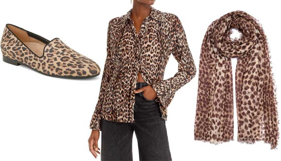Vionic Willa Slip On Flat in Toffee Leopard Print Suede; Good American Plissé Shirt; Echo Leopard Wrap in Natural
