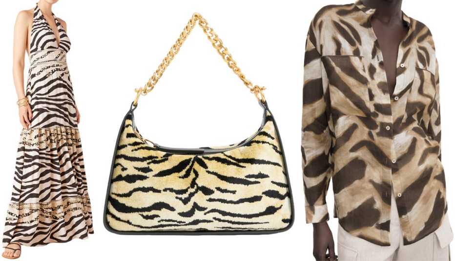 Figue Vivienne Dress in Tiger Cream; Charles & Keith Minta Tiger Print Chain-Link Hobo Bag in Multi; Massimo Dutti 100% Ramie Animal Print Shirt in Brown